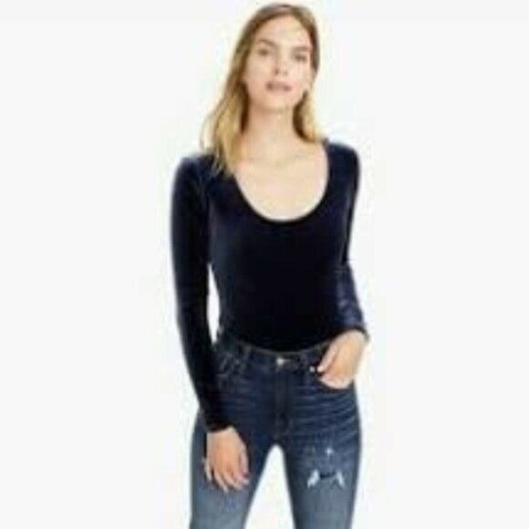 J. Crew Blue Velour Velvet Long Sleeve Scoop Neck Bodysuit Navy S (27) - Picture 3 of 8